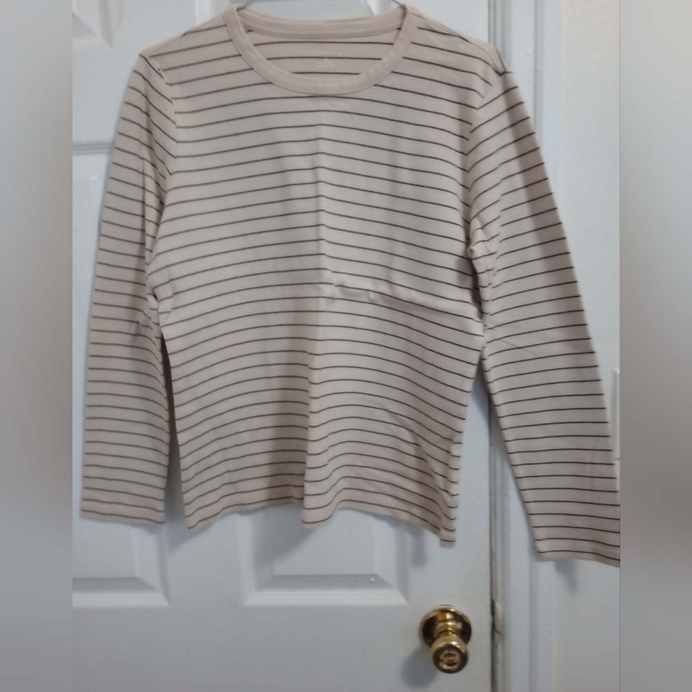 Lands End women's Large long sleeve cotton top shirt tan black stripe